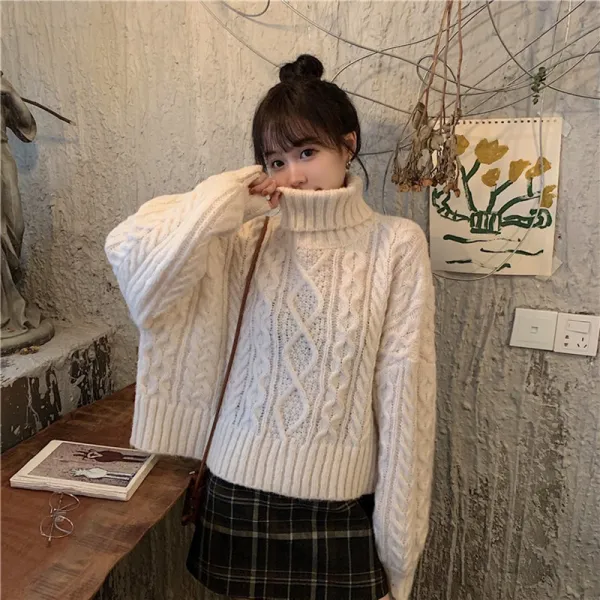 겨울 가을 목폴라 굵은 실 소프트 젖 블루 스웨터 여성 숏 와이드 핏아우터 트렌드 숲 두꺼운