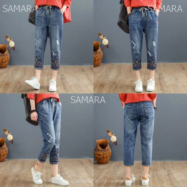 Qterra 특허브랜드 자수 빅사이즈 캐주얼 찢청진 배기청바지 밴딩 여성