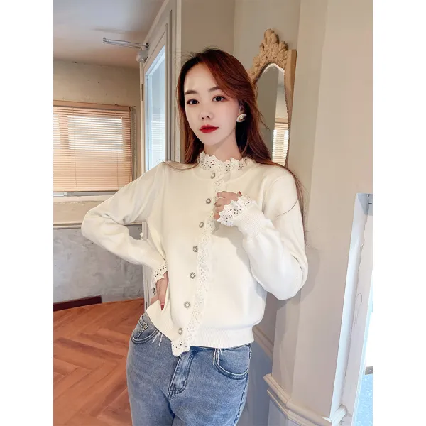 다시금 레이스니트 스위트 페블럼라인 가디건 봄옷 여성 명미혜 숏 싱글 버튼 스웨터