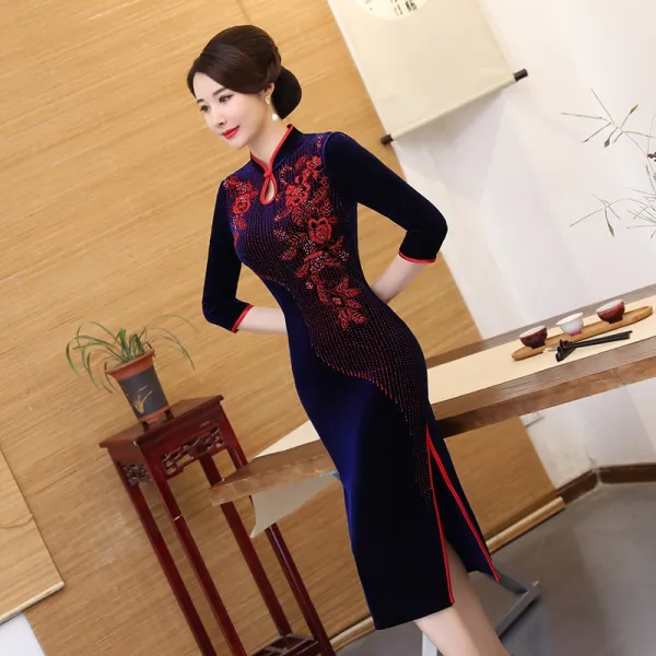 벨벳 핸드메이드 구슬장식 꽃철 아직 리폼 낙숫물자루프 하프기장 낮다 트임 절개 슬릿 치파오 결혼식이