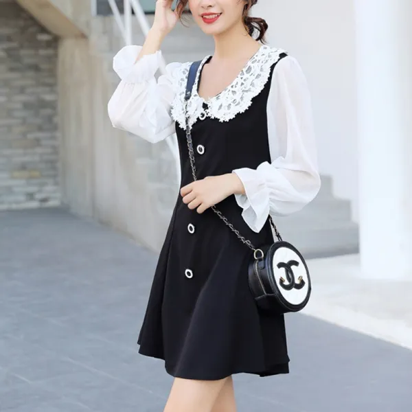 프로젝트브이 여성 클래식 레이스 쉬폰 블랙 원피스 하객원피스 모임원피스 미니원피스 2 J