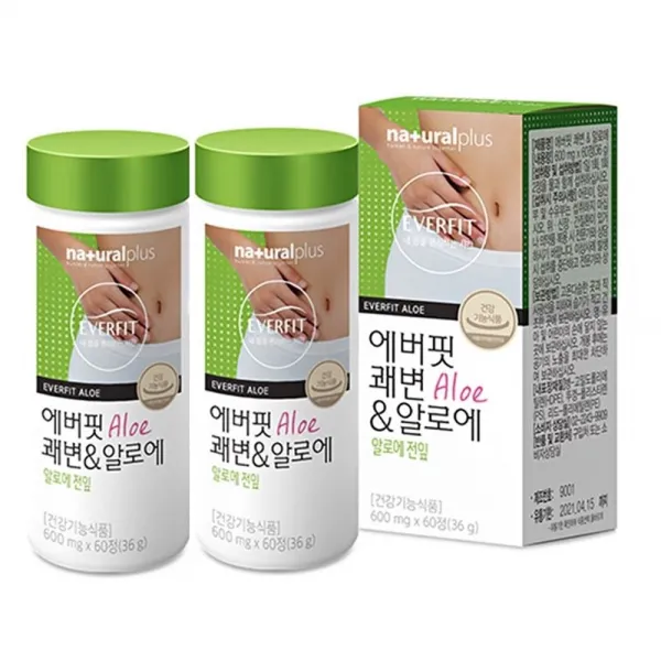 내츄럴플러스 에버핏 쾌변 알로에정 알로에 전잎 겔 알약형태 무수바바로인 알로인 베라 아보레센스 장건강 타블렛 식이섬유, 60정, 2병