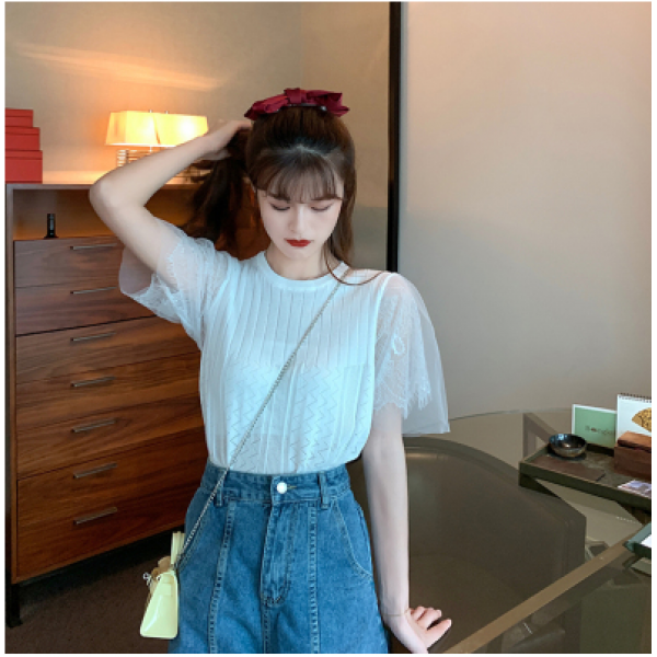 망사 반팔 레이스 니트 티 여 선착장 상의 학생 디자인 져지