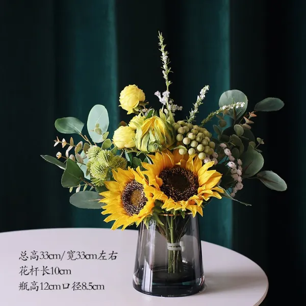 Mar.22 13번 북유럽 로사 로즈 부케 세트 모던 페이크 플라워 장식 플로럴 판잣집 거실 테이블z 가 벼 운 회색 + 노 란 해바라기 꽃병 포함 