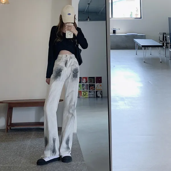묶다 염색하다 청바지 여춘추 크다 야드 뚱뚱하다 mm 하이웨이스트 스트레이트 와이드 와이드 와이드 롱 팬츠