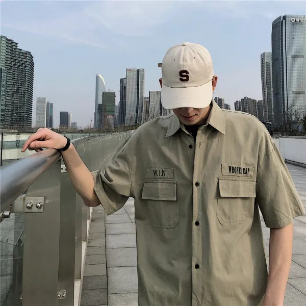 KORELAN 봄 여름 작업복 외투 남성 한국어 버전 헐렁하다 멋있다 ins 셔츠 유행 브랜드 bf 반팔 셔츠