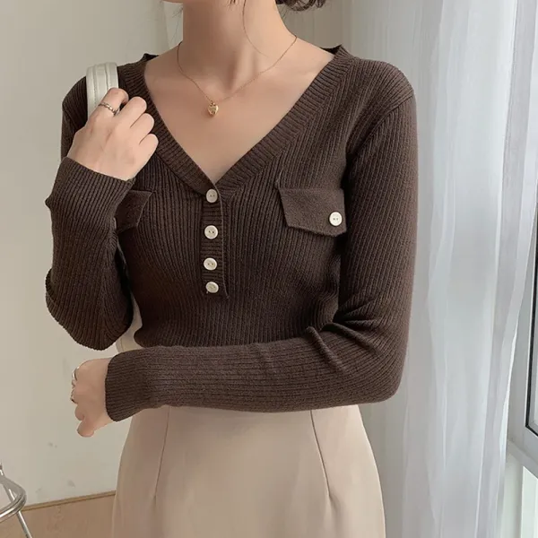 비아이8 적삼을 짜다 여성 봄가을 계절 브이넥 슬림핏 이너티셔츠 버튼 피부 친화 스웨터 일찍이