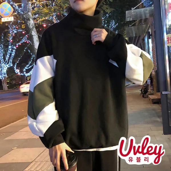 유블리 남성 루즈핏 터틀넥 맨투맨 오버핏 남친룩 10대 20대 패션 귀여운 깔끔한 데일리 기모 가을 겨울(UV216178WD)