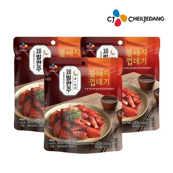 씨제이제일제당 제일안주 불돼지껍데기 160g x3개, 선택/제일안주 불돼지껍데기 160g x3개