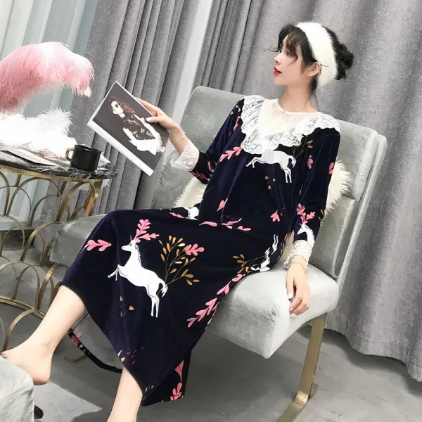궁정풍 스위트 레이스 러플 패치워크 라운드긴팔 잠옷치마 여성 봄 여름 하프기장