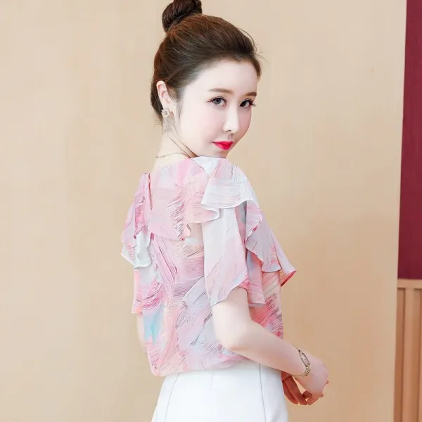 라운드 블라우스 여 디자인 빈티지 프릴 반팔 도트 상의 양하