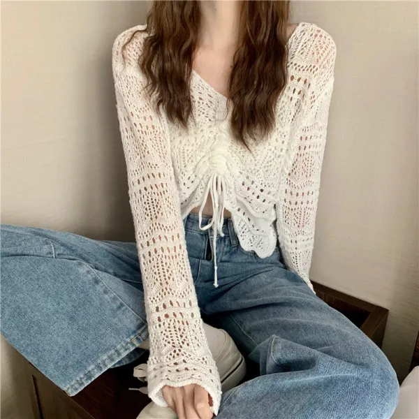 와이에스리테일 초가을 드로 스트링 긴팔 블라우스 네트 셔츠 허점 선 스크린 작업복 느슨한 단색 크로 셰 뜨개질 중공 스티치-13245