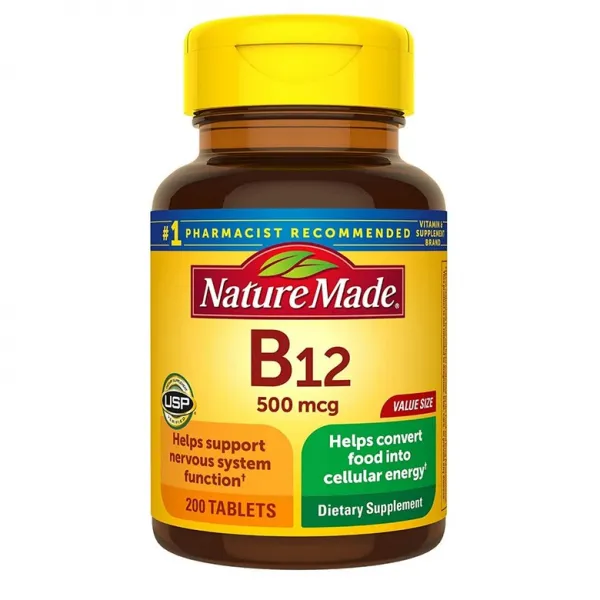 Nature Made Vitamin B12 500 mcg Tablets 200 Count for Metabolic Health† (Packaging May Vary) 네이쳐메이드 비타민 시아노코발라민 500mcg + 칼슘 200정 악성빈혈, 1mg, 1개