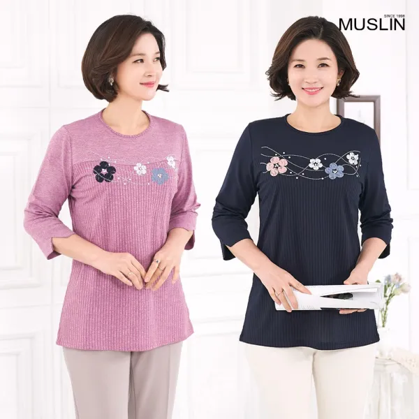 엄마옷 모슬린 가슴꽃 라운드 티셔츠 TS003216마담 미시 중년여성의류 빅사이즈 할머니옷 50대 60대