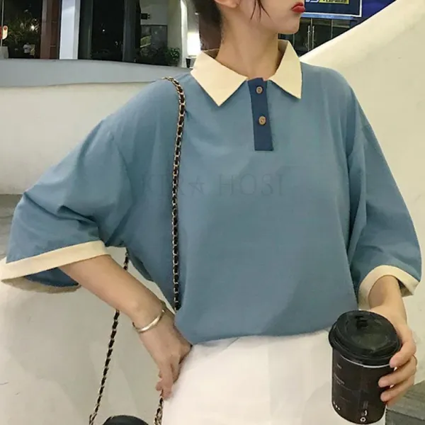 kirahosi 심플 패션 여자 카라 티셔츠 반팔 박시핏 107호+덧신증정 Mro043o