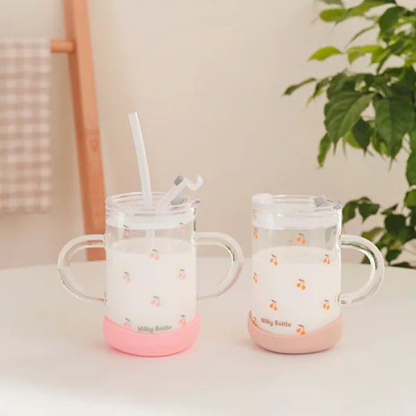 [Milky Bottle]아기 유아 유리 우유 빨대컵 스파우트컵 물컵, 더블&핑크