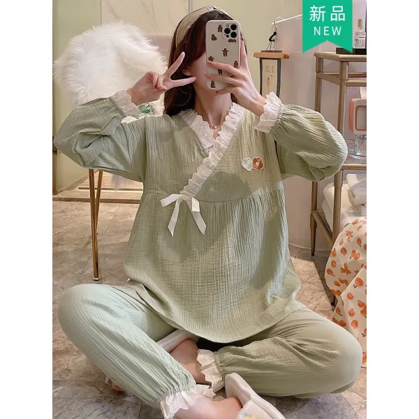 순면홈웨어 만희 산욕기룩 코튼 가제 수유 산후 임산부잠옷 여름 얇은 5월6 산모 실내복 4949567181, Z-그린 브이넥 작은꽃 아플리케 (풀, 판권 보호 라이크 타입 반드시 처벌하