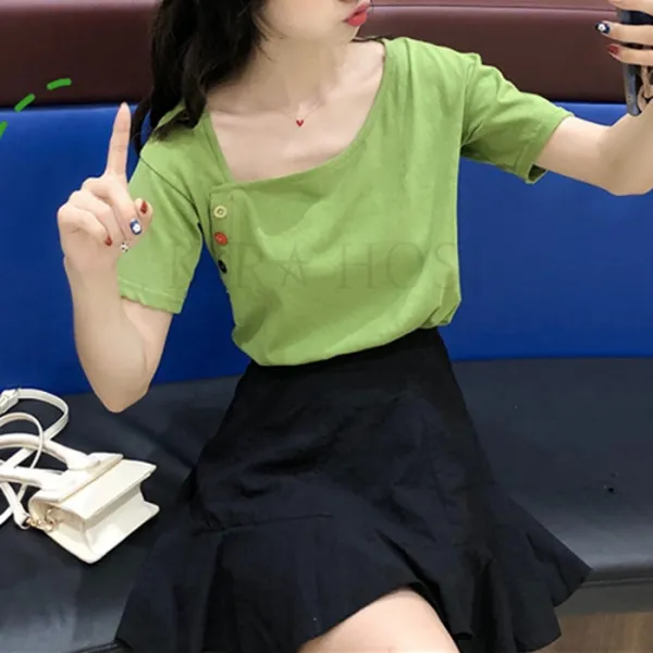 kirahosi 여자 여름 단추 스퀘어넥 반팔 블라우스 티셔츠 + 덧신 증정 N2w0kqo