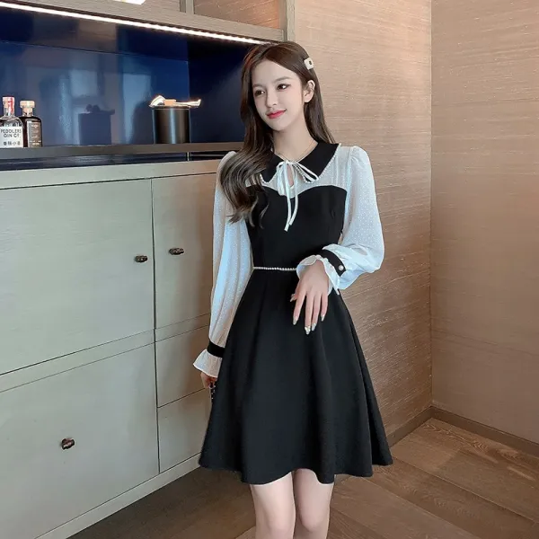 가을옷 여성 미니 드레스다 치마폭 본풍 패치워크 허리보정 슬림핏 프렌치 볼륨 보이핏 원피스