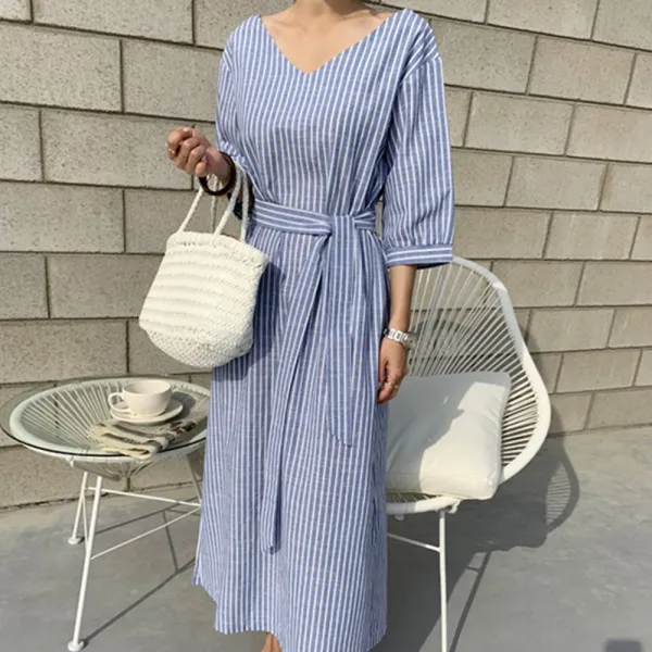타니즈 피오르 스트라이프 허리끈 롱원피스