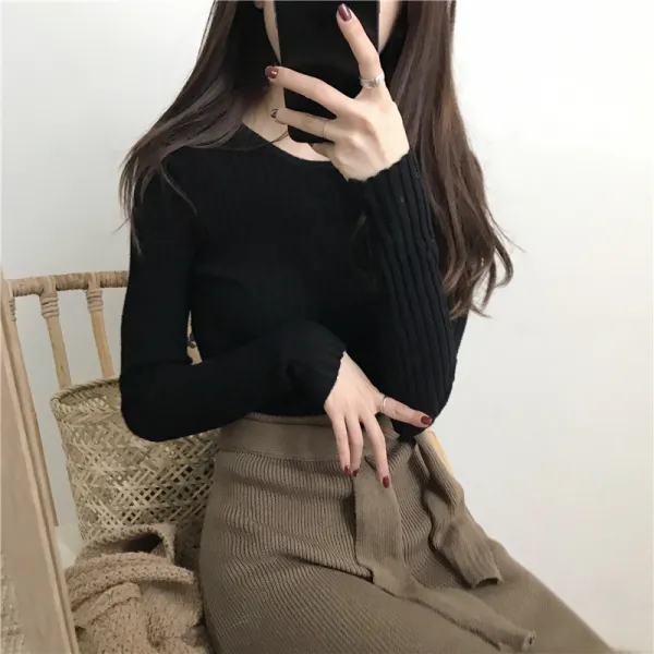GB1004 여성 겨울 늦가을 골지 니트 티 셔츠 데일리 캐주얼 라운드넥 CA919 긴팔 티셔츠
