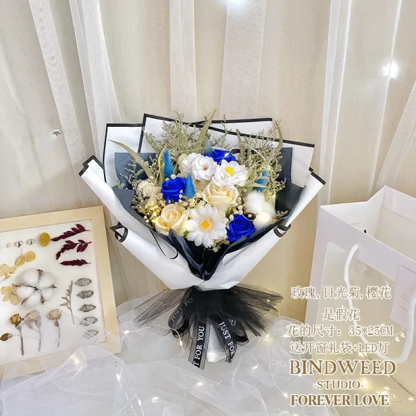 말린 부케 건성 빔안개꽃가지 해바라기기 장미꽃비누 영생 트윈 생일 예의범절 포장 인 엄마, DK 왕족블루 로즈 검은 가장자리 백