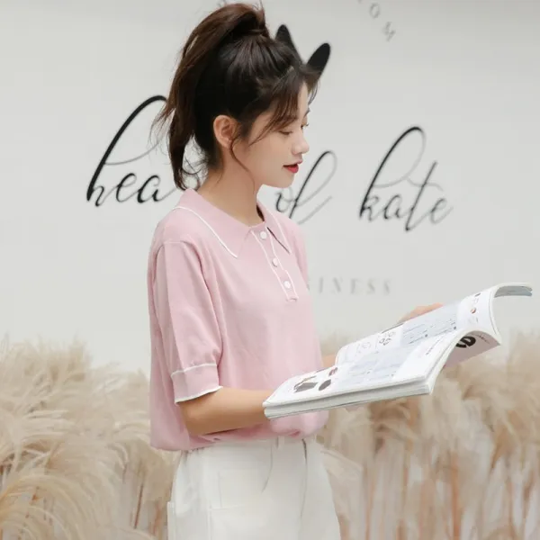 학원풍 러블리 핑크 니트 폴로 넥 티셔츠 여 트랙백 레이어드 반팔 바디 桖 컬러 상복