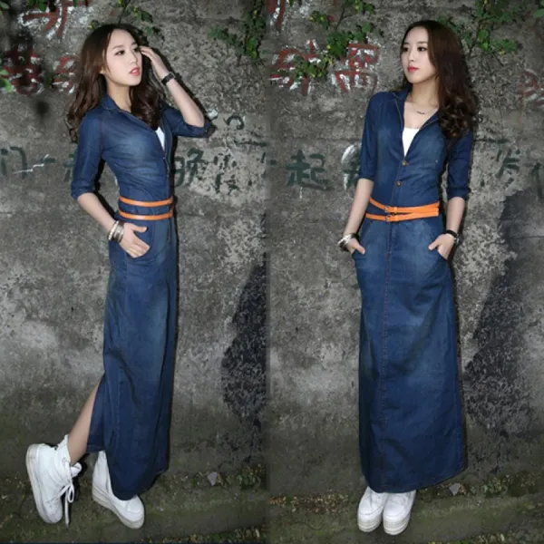 ANGANG 여성 청 데님 원피스 롱 긴팔 가을 빅사이즈 ON01