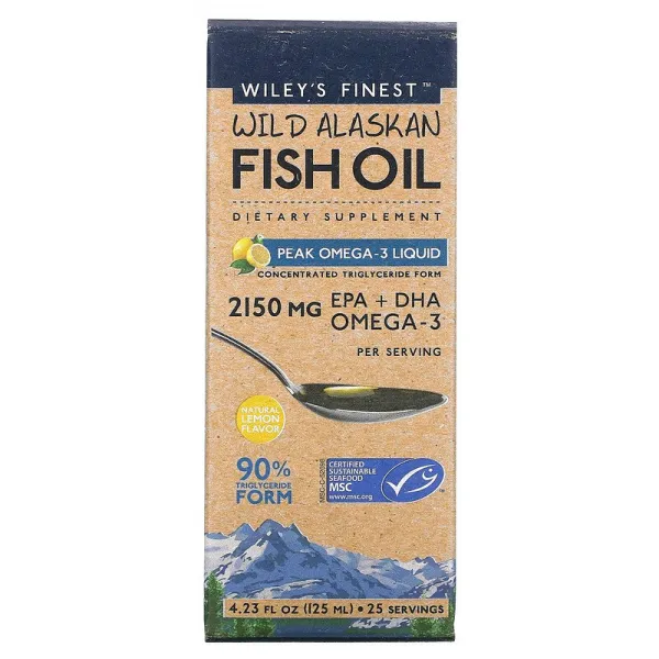 윌리스파이네스트 Wiley 's Finest 야생 알래스카 어유 피크 오메가 -3 액상 천연 레몬 맛 2 150 mg 4.23 fl oz (125 ml), 4.23액상온스, 1개