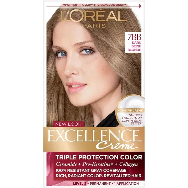 [L'Oreal Paris] 로레알 파리 우수 크림 퍼머넌트 헤어 컬러 7BB 다크 베이지 금발 100 % 그레이 커버리지 헤어 염료 1 팩, 단일상품, 단일상품