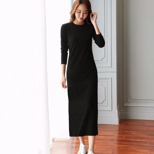 가을겨울원피스 면 무릎넓는 롱 긴팔 미디 이너티셔츠 여성패션 발목까지 올라오다