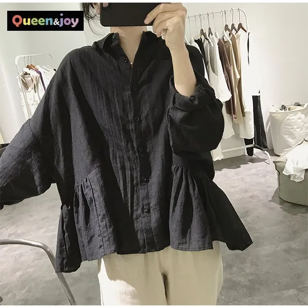 [퀸앤조이] 오버사이즈 린넨 카라넥 블라우스***판매자 SSK무역***
