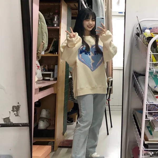 라운드 맨투맨 우물천 내주다 같은스타일 봄가을 사랑하트 마음이 찢어지다 여성 얇은 커플 트윈 룩 4882179525