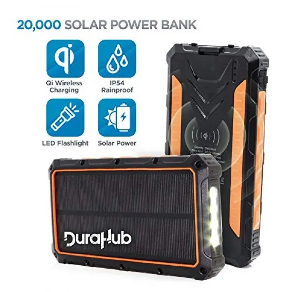 DuraHub-QI 무선 True 20000mAh 울트라 용량의 태양 광 발전 USB 배터리 뱅크-견고성 휴대 성 방수성-4 개의 충전 포