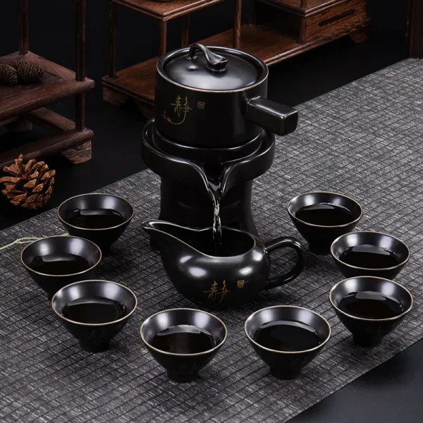 자주 다기 찻잔 가정용 쿵푸차 돌 맷돌 슬립온 사무실 응접객 티팟 기, 블랙 8컵