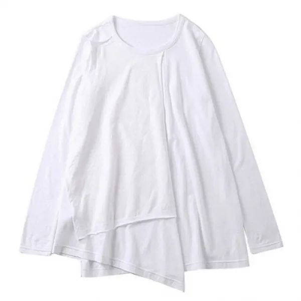  해외 Chicever 여성용 티셔츠 O 넥 긴 소매 느슨한 불규칙한 헴 화이트 탑 여성 티셔츠 봄 패션 캐주얼 류