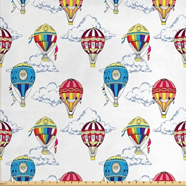 마당의 암 베손 컬러 풀 한 직물 손으로 그린 ​​스케치 구름과 열기구 어린이 놀이방 보육원 실내 장식 및 가정 장식 장식 직물 3 Yards White Indigo 3 Yards White Indigo