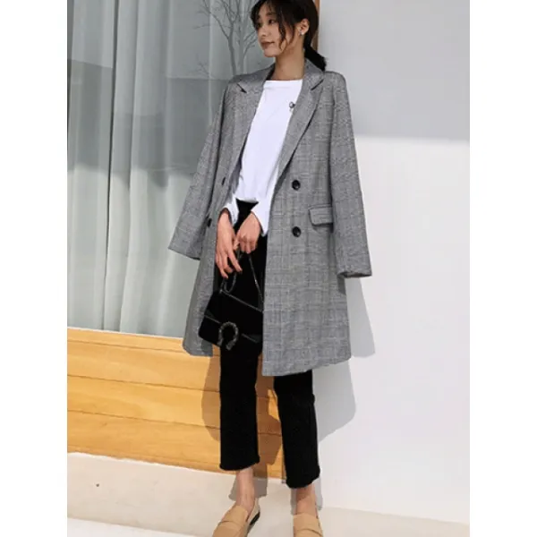 StylePartner 체크 무늬 더블 버튼 롱 자켓