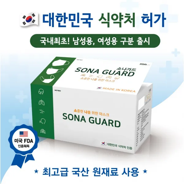 [식약처 허가] [FDA 인증][국내최초!! 남성 여성용 구분출시]귀가 편한 국산마스크(소나가드-50매), 1.비말 대형(남성용)