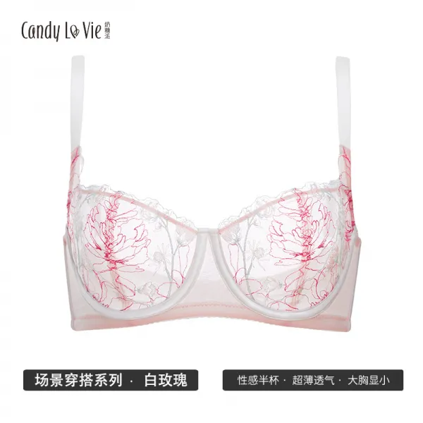 글로벌에코 브라내의 젖당파 빅 홑겹 브래지어 보여 숏 가을 레드 화이트 로즈 금실 자수 하프컵 얇은 여성 대흉 속옷