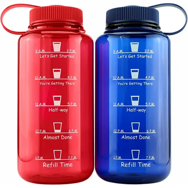 시간제 물병 32 Ounce Combo Pack 2 팩 블루 레드 동기 시간 마커 추적기 골 스포츠 병 비독성 BPA 무료 트리탄 플라스틱, 상세페이지 참조