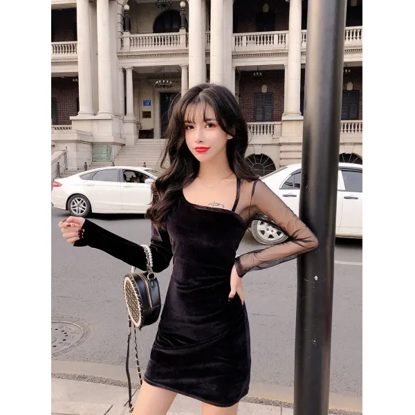 봄신상여 긴팔 슬림 백 힙 베이스 금사 프렌치 빈티지 원피스