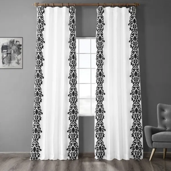 HPD 반액 드레이프 PTFFLK-C36A-96 Designer Flocked Curtain (1 Panel) 50 X 96 Castle White & Black, 단일옵션