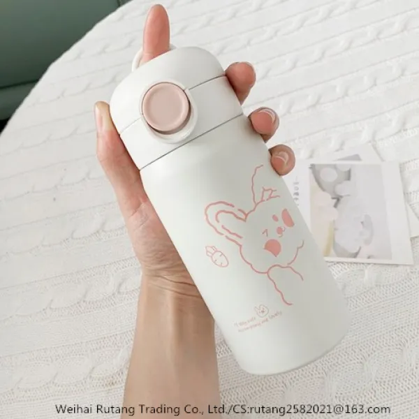화이트 텀블러 빨대 심플 귀여운 보온 보냉 물통 휴대용 어깨끈 스트랩, 지극히평범한350ml+곰돌이행거+크로스끈(랜덤