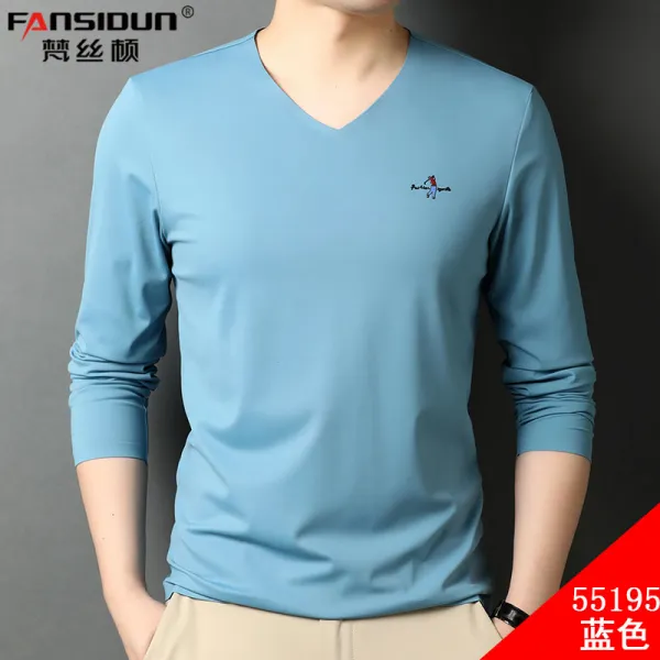 셀럽샵 남성긴팔옷 봄가을 중년 노카라 반팔셔츠 바람도심계심 브이넥 헴라인 광택제비