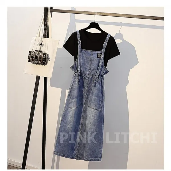 Panda Pink Litchi 패션이루 롱 원피스 데님 청 치마 봄 여름 멜빵 오버핏 플레어 Yf929xqjg001+양말 증정