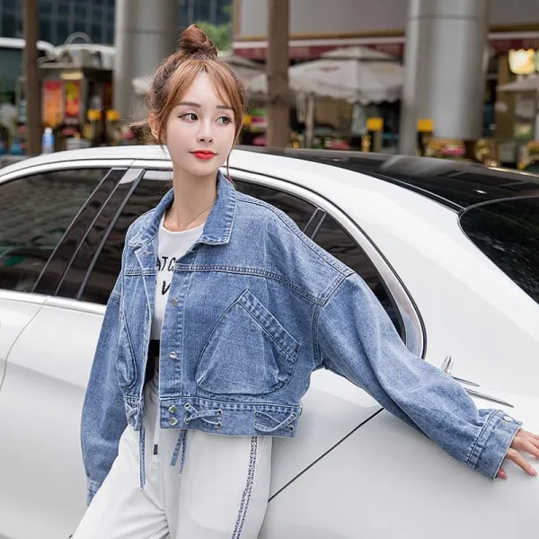 나르샤상점 가오리핏 데님 밑단 교차 벨트 여학생 여성 항공점퍼 블루종
