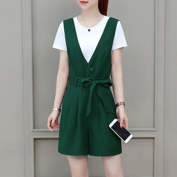 Kirahosi 퀄리티 6 여름 여성 반팔 티셔츠+멜빵 바지 세트 점프수트 투피스 27 +스마트 스트랩 증정 Afz509t