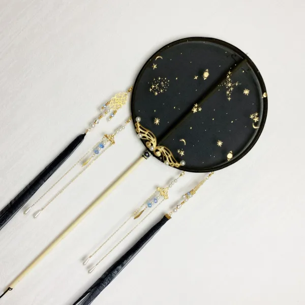 부채 (뭇별)긴자루 둥글 완제품 고풍 브론징 궁선 한나라의복 DIY수공예 재료, T04-어두운밤(완제품)