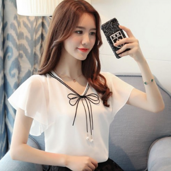 유케이 반팔 쉬폰 리본 블라우스